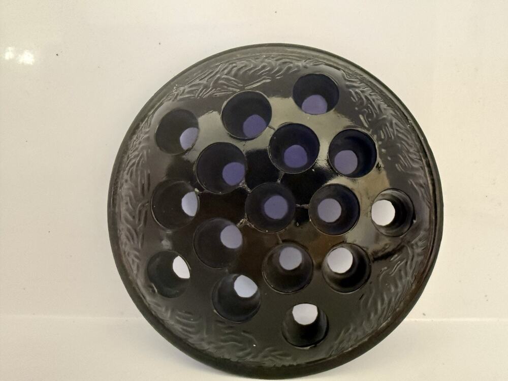 VTG Black Amethyst Glass 16 Hole Floral Arranging Flower Frog Embossed Design